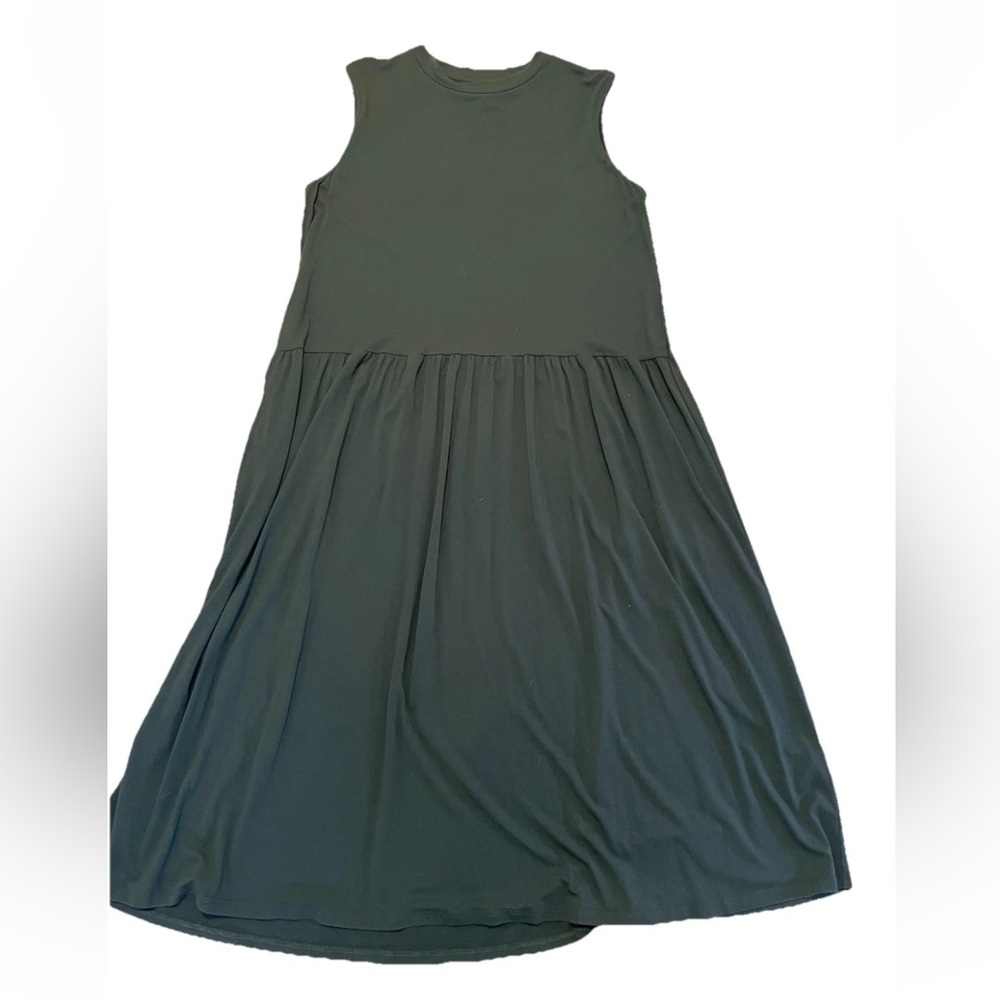 Eileen Fisher Olive Green Dropped Waist midi dress. Sleeveless, medium. EUC - Picture 2 of 6
